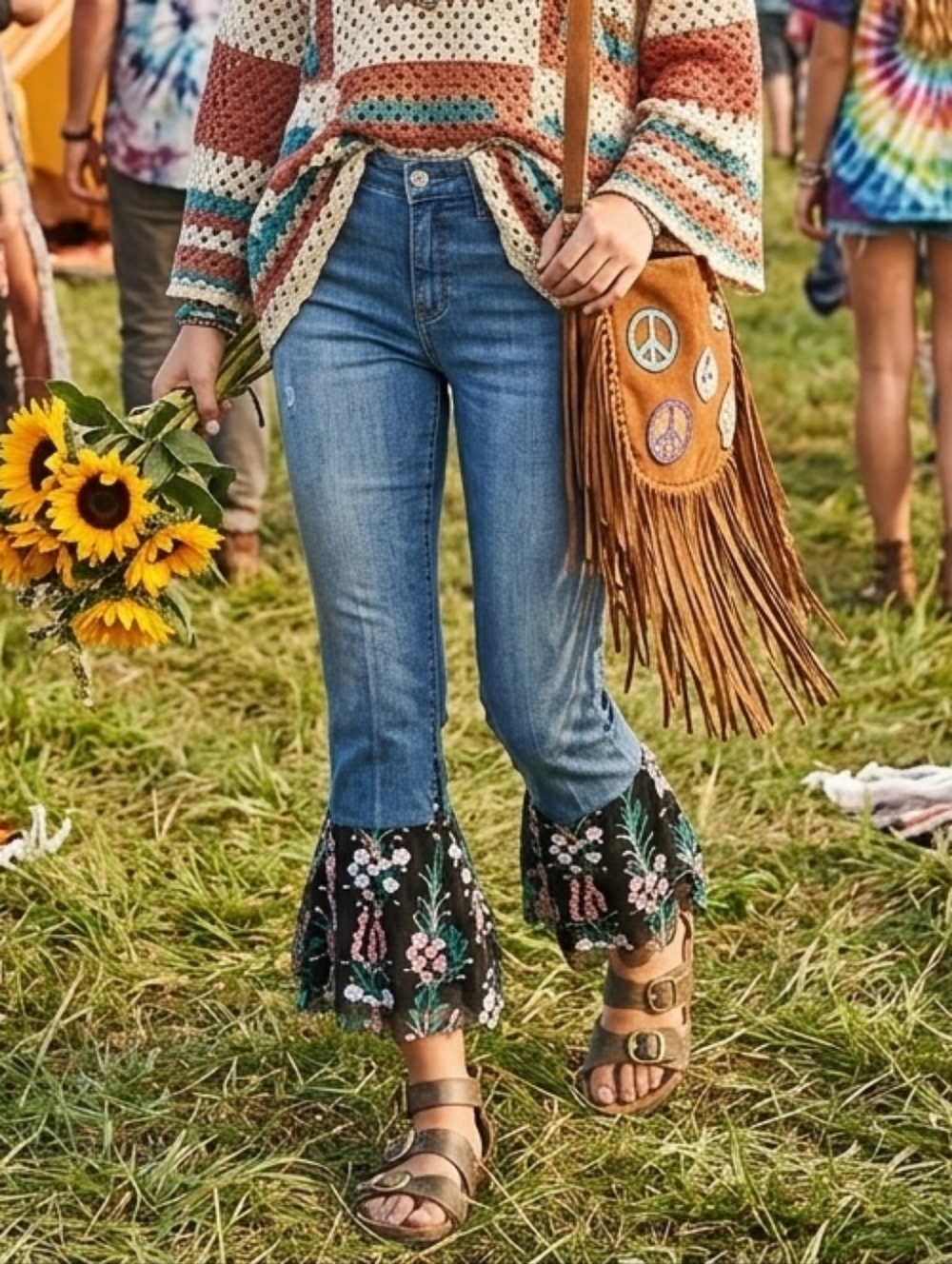 Pilcro and the Letterpress 29 70s Woodstock Boho Hippie Cropped Mesh Flare Jeans